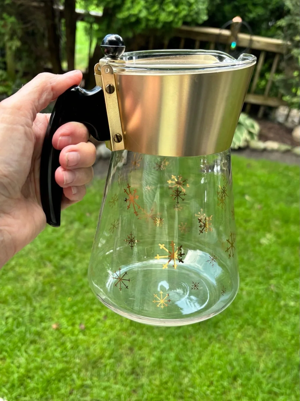 Vintage MCM Glass Pitcher Carafe Gold Atomic Snowflake Metal Lid Black Handle